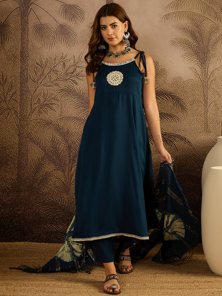 Stylum Women's Teal Solid & Embroidered Crepe A-Line Kurta Pant Dupatta Set (KPDTEALMILANI)