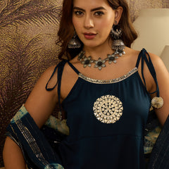 Stylum Women's Teal Solid & Embroidered Crepe A-Line Kurta Pant Dupatta Set (KPDTEALMILANI)