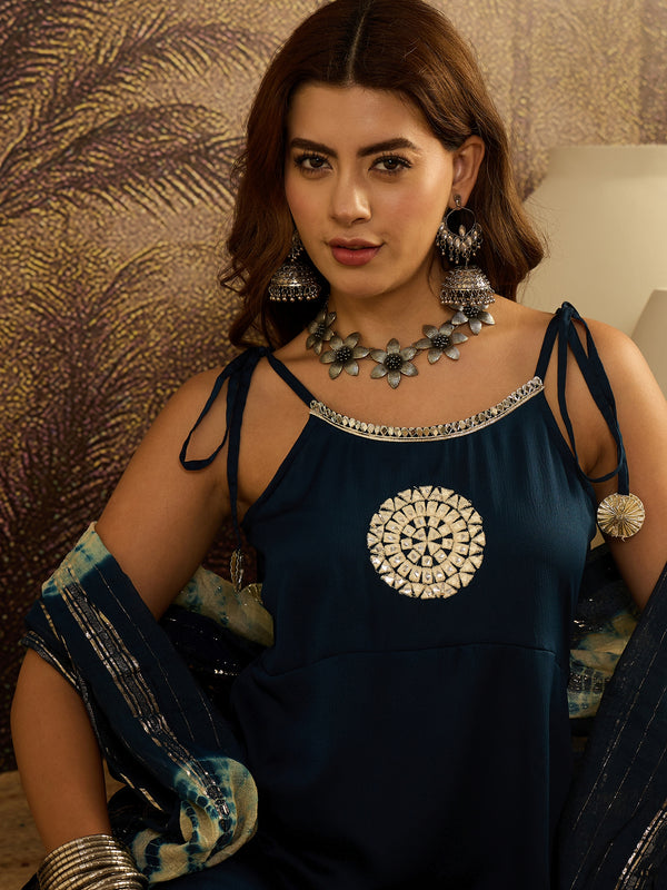 Stylum Women's Teal Solid & Embroidered Crepe A-Line Kurta Pant Dupatta Set (KPDTEALMILANI)