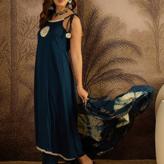 Stylum Women's Teal Solid & Embroidered Crepe A-Line Kurta Pant Dupatta Set (KPDTEALMILANI)