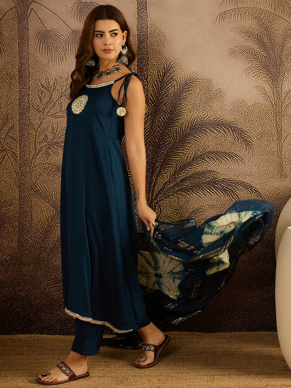 Stylum Women's Teal Solid & Embroidered Crepe A-Line Kurta Pant Dupatta Set (KPDTEALMILANI)