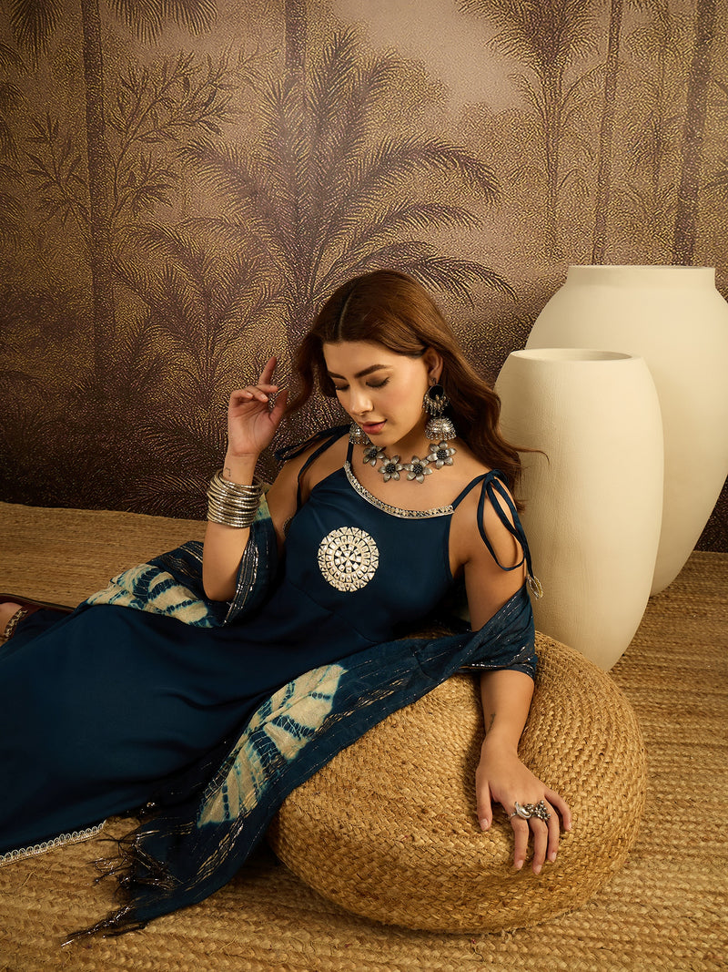 Stylum Women's Teal Solid & Embroidered Crepe A-Line Kurta Pant Dupatta Set (KPDTEALMILANI)