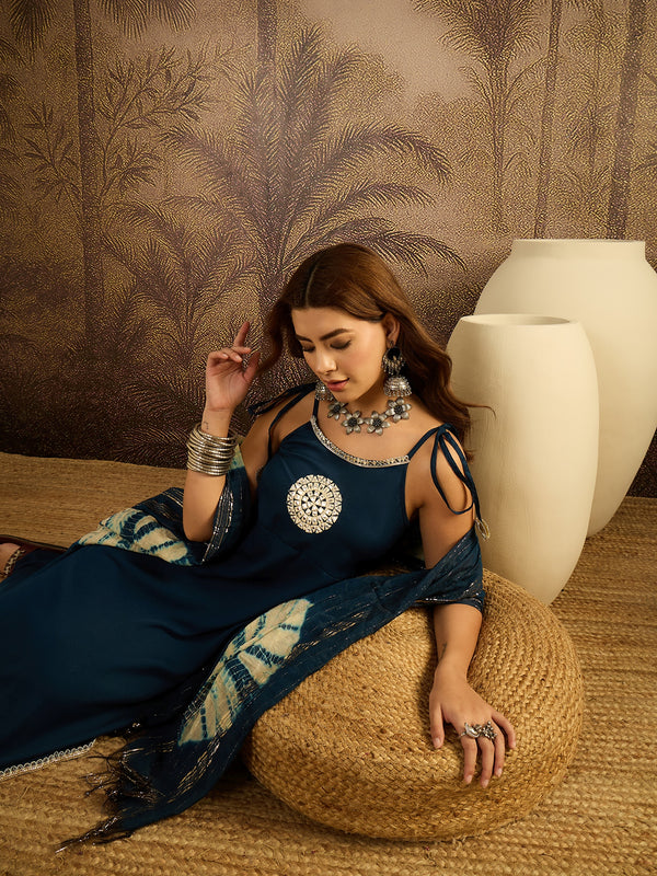 Stylum Women's Teal Solid & Embroidered Crepe A-Line Kurta Pant Dupatta Set (KPDTEALMILANI)