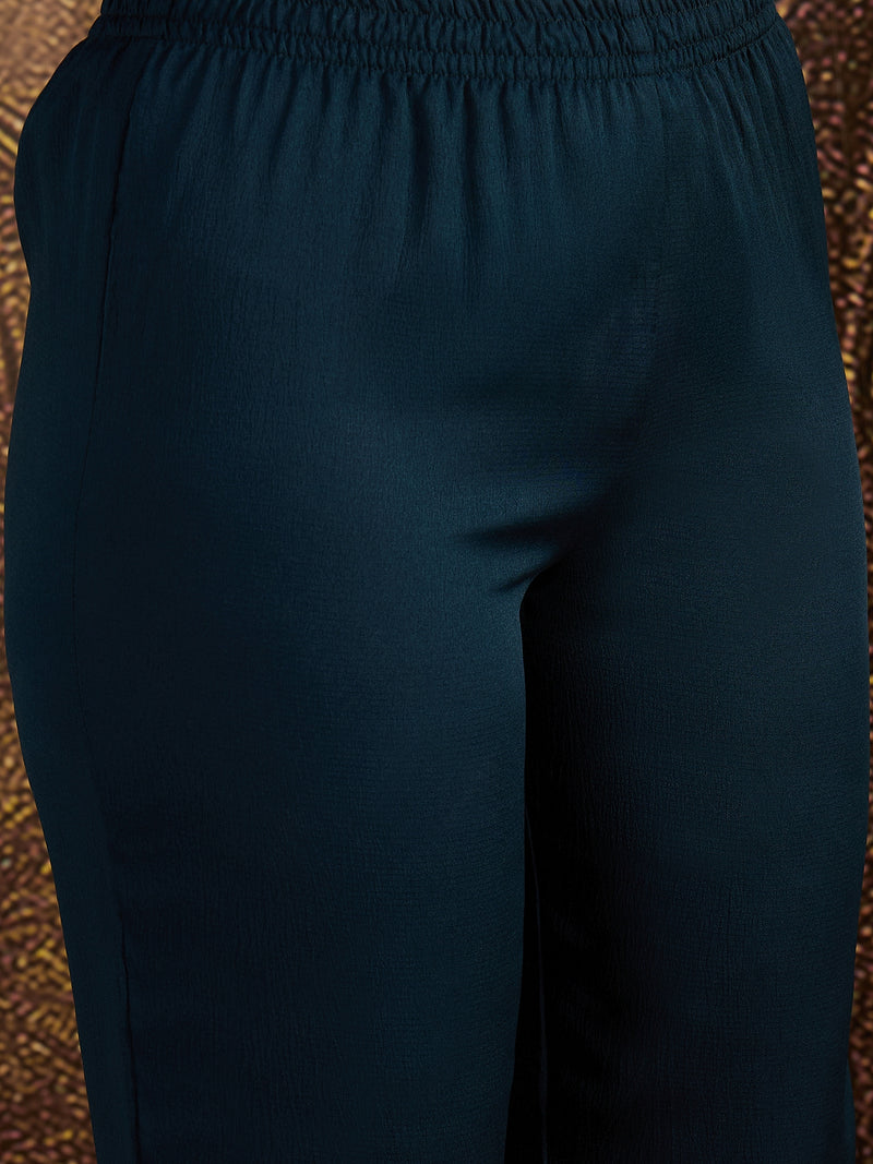 Stylum Women's Teal Solid & Embroidered Crepe A-Line Kurta Pant Dupatta Set (KPDTEALMILANI)