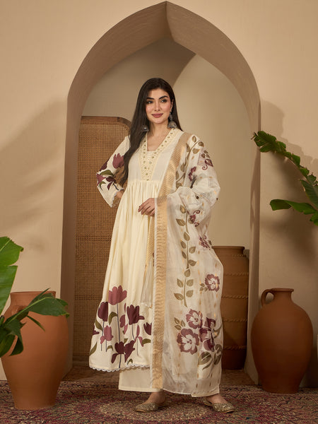 Stylum Women's Wine Floral Printed Rayon Flared Kurta Palazzo Dupatta Set (KPDWINEMINI)