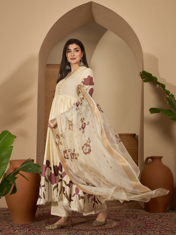 Stylum Women's Wine Floral Printed Rayon Flared Kurta Palazzo Dupatta Set (KPDWINEMINI)