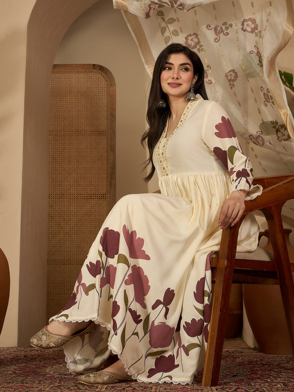 Stylum Women's Wine Floral Printed Rayon Flared Kurta Palazzo Dupatta Set (KPDWINEMINI)