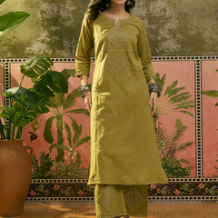 Stylum Women's Green Solid & Embroidered Cotton Straight Kurta Pant Set (KPGREENALMA)