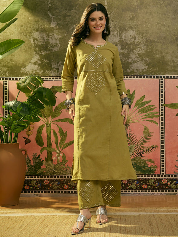 Stylum Women's Green Solid & Embroidered Cotton Straight Kurta Pant Set (KPGREENALMA)
