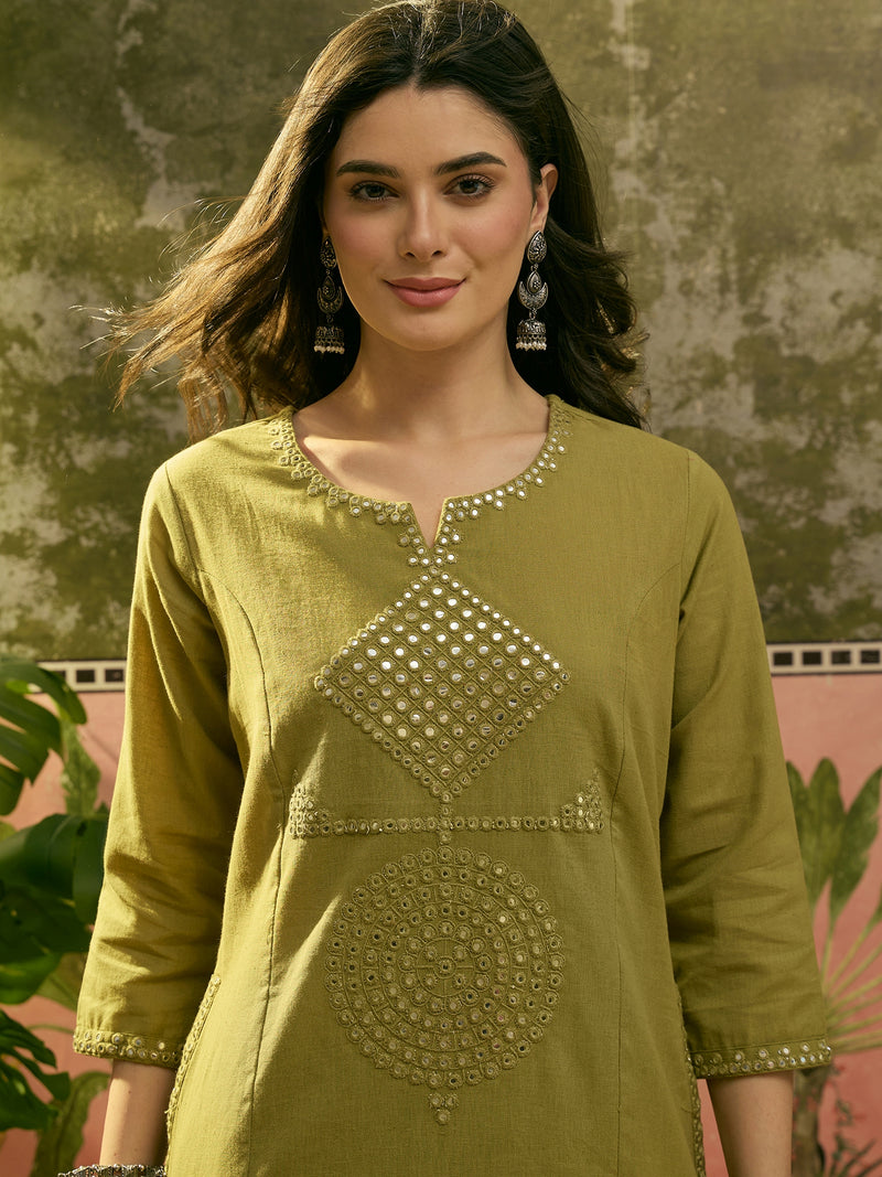 Stylum Women's Green Solid & Embroidered Cotton Straight Kurta Pant Set (KPGREENALMA)