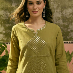 Stylum Women's Green Solid & Embroidered Cotton Straight Kurta Pant Set (KPGREENALMA)