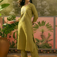 Stylum Women's Green Solid & Embroidered Cotton Straight Kurta Pant Set (KPGREENALMA)