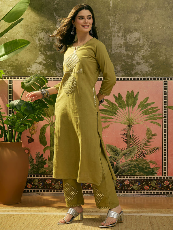 Stylum Women's Green Solid & Embroidered Cotton Straight Kurta Pant Set (KPGREENALMA)