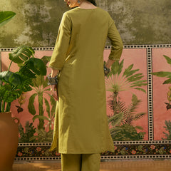 Stylum Women's Green Solid & Embroidered Cotton Straight Kurta Pant Set (KPGREENALMA)