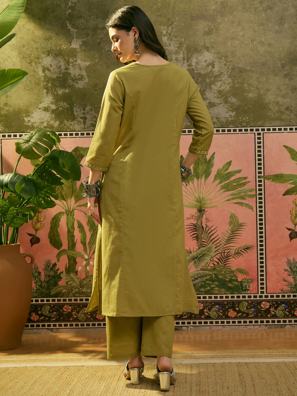 Stylum Women's Green Solid & Embroidered Cotton Straight Kurta Pant Set (KPGREENALMA)