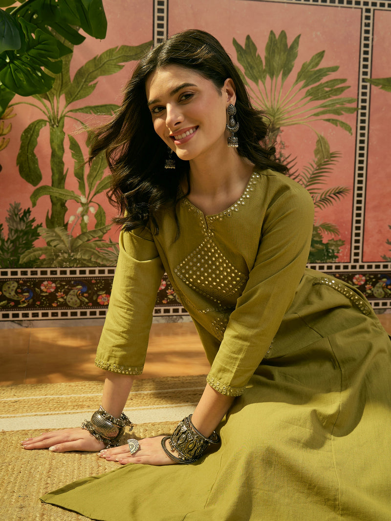Stylum Women's Green Solid & Embroidered Cotton Straight Kurta Pant Set (KPGREENALMA)