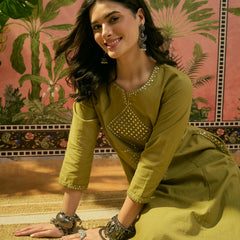 Stylum Women's Green Solid & Embroidered Cotton Straight Kurta Pant Set (KPGREENALMA)
