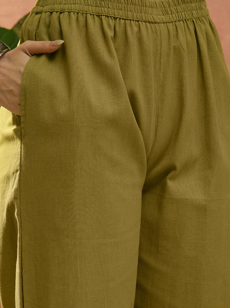 Stylum Women's Green Solid & Embroidered Cotton Straight Kurta Pant Set (KPGREENALMA)