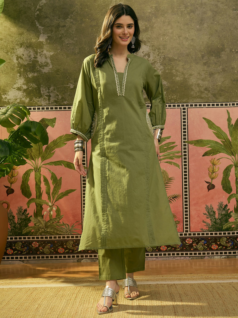 Stylum Women's Green Solid & Embroidered Cotton A-line Kurta Pant Set (KPGREENBIBER)