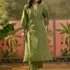 Stylum Women's Green Solid & Embroidered Cotton A-line Kurta Pant Set (KPGREENBIBER)