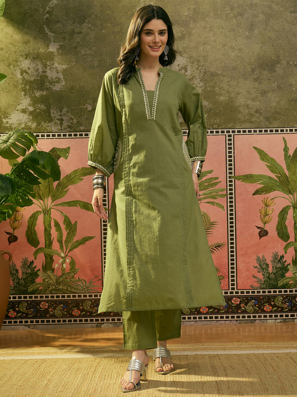 Stylum Women's Green Solid & Embroidered Cotton A-line Kurta Pant Set (KPGREENBIBER)