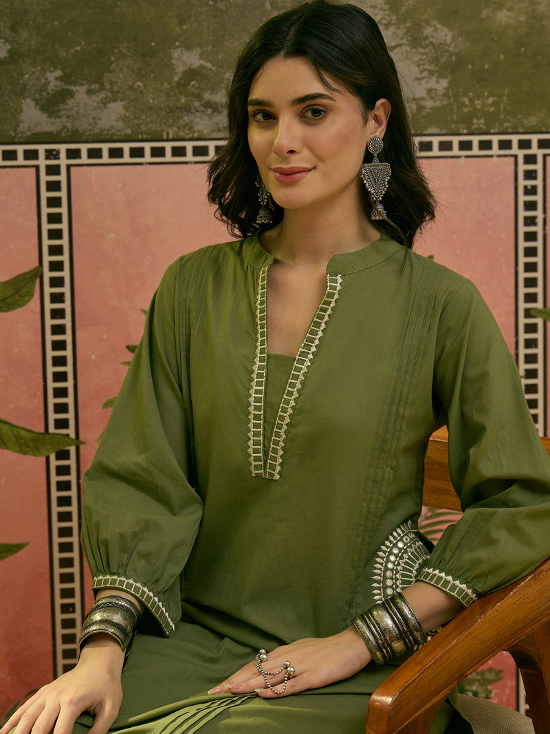 Stylum Women's Green Solid & Embroidered Cotton A-line Kurta Pant Set (KPGREENBIBER)