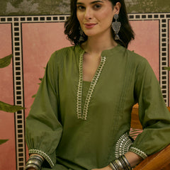Stylum Women's Green Solid & Embroidered Cotton A-line Kurta Pant Set (KPGREENBIBER)