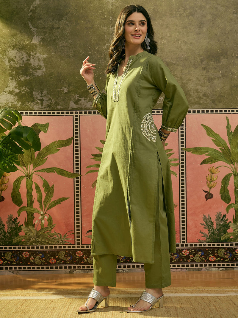 Stylum Women's Green Solid & Embroidered Cotton A-line Kurta Pant Set (KPGREENBIBER)
