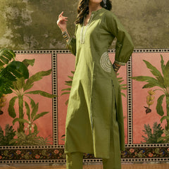 Stylum Women's Green Solid & Embroidered Cotton A-line Kurta Pant Set (KPGREENBIBER)