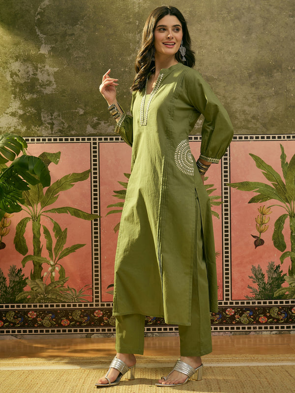 Stylum Women's Green Solid & Embroidered Cotton A-line Kurta Pant Set (KPGREENBIBER)