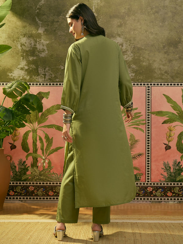 Stylum Women's Green Solid & Embroidered Cotton A-line Kurta Pant Set (KPGREENBIBER)