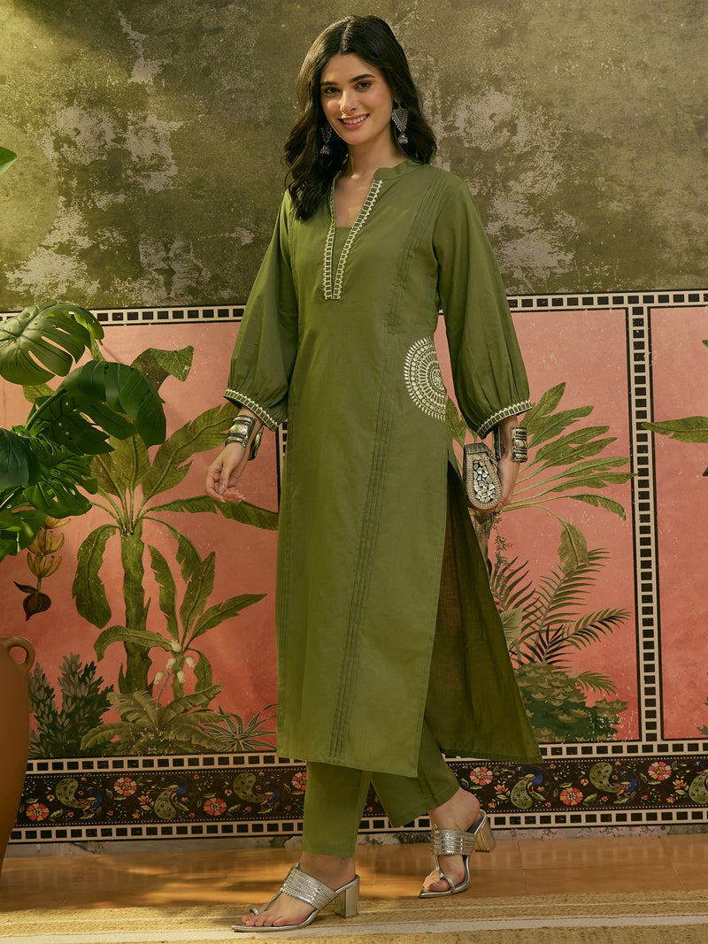 Stylum Women's Green Solid & Embroidered Cotton A-line Kurta Pant Set (KPGREENBIBER)