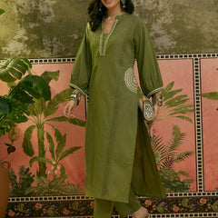 Stylum Women's Green Solid & Embroidered Cotton A-line Kurta Pant Set (KPGREENBIBER)