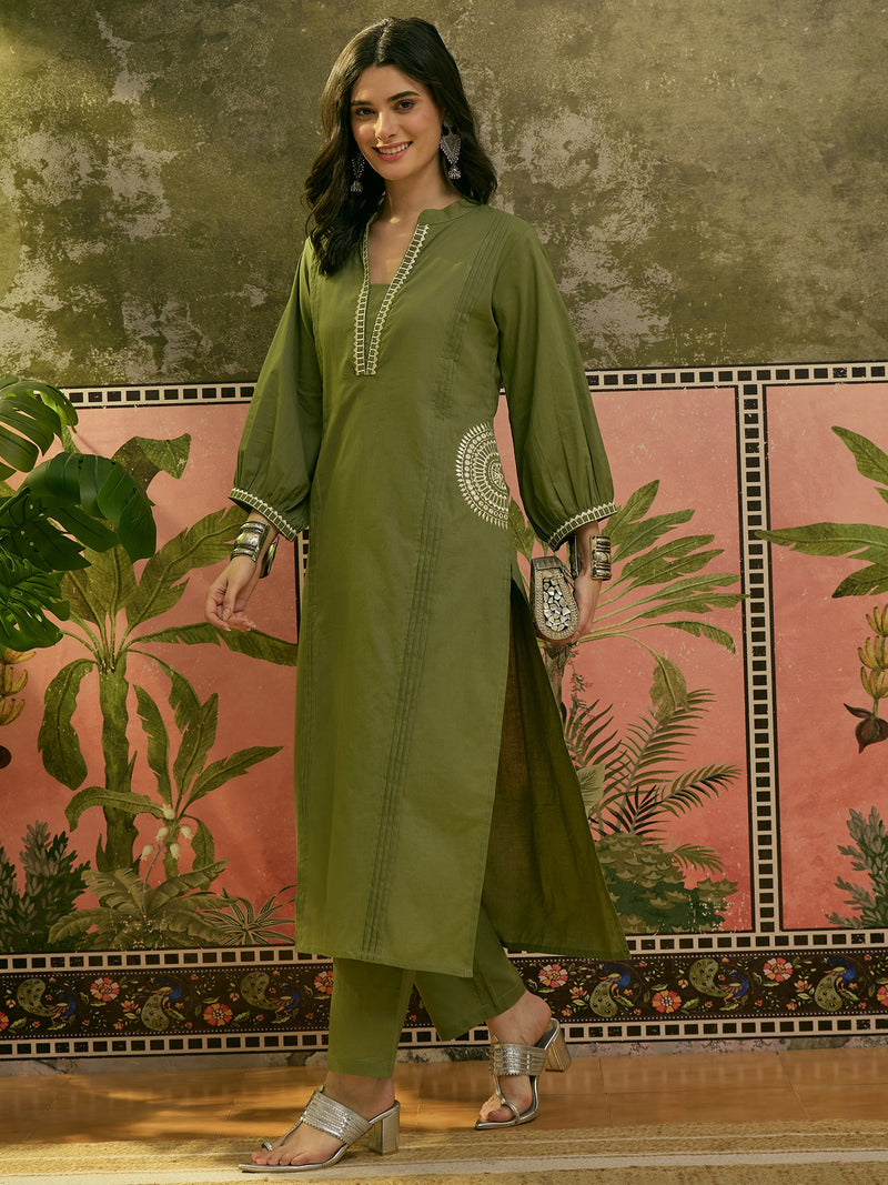 Stylum Women's Green Solid & Embroidered Cotton A-line Kurta Pant Set (KPGREENBIBER)