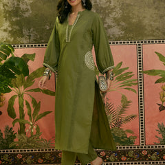 Stylum Women's Green Solid & Embroidered Cotton A-line Kurta Pant Set (KPGREENBIBER)