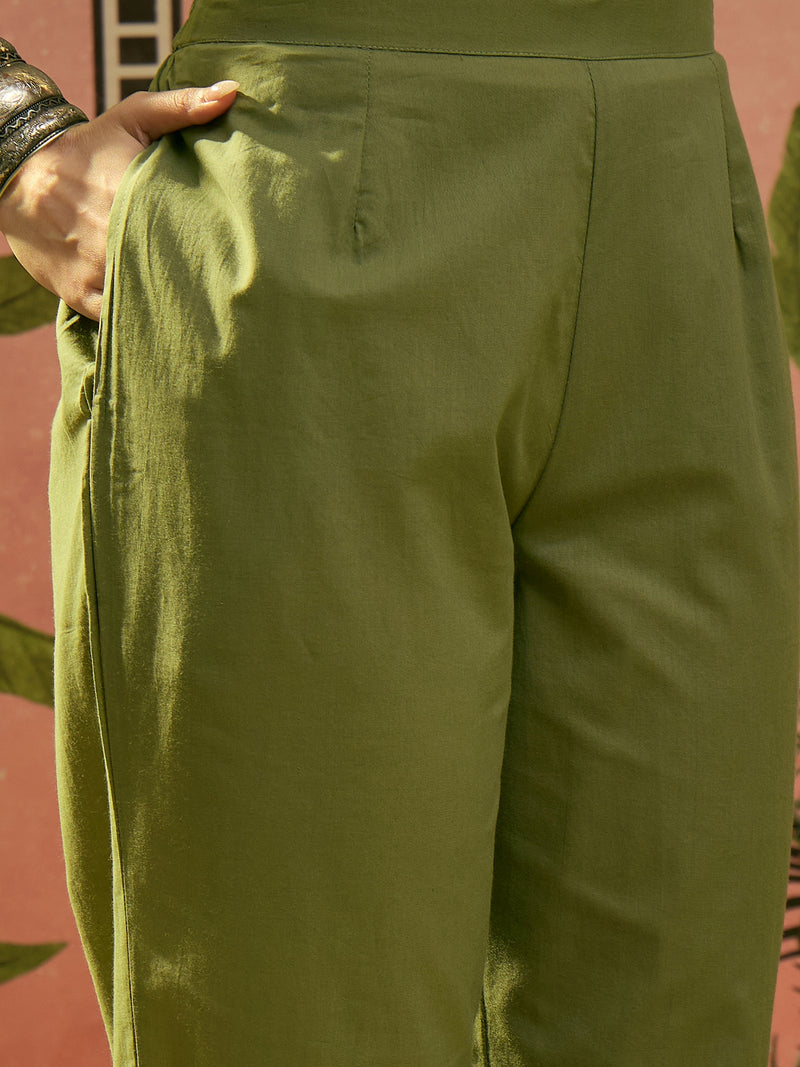 Stylum Women's Green Solid & Embroidered Cotton A-line Kurta Pant Set (KPGREENBIBER)