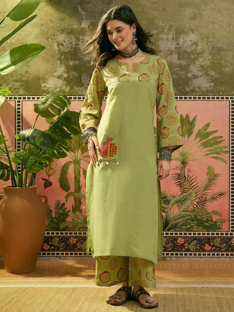 Stylum Women's Green Printed Cotton Straight Kurta Palazzo Set (KPGREENNAPPA)