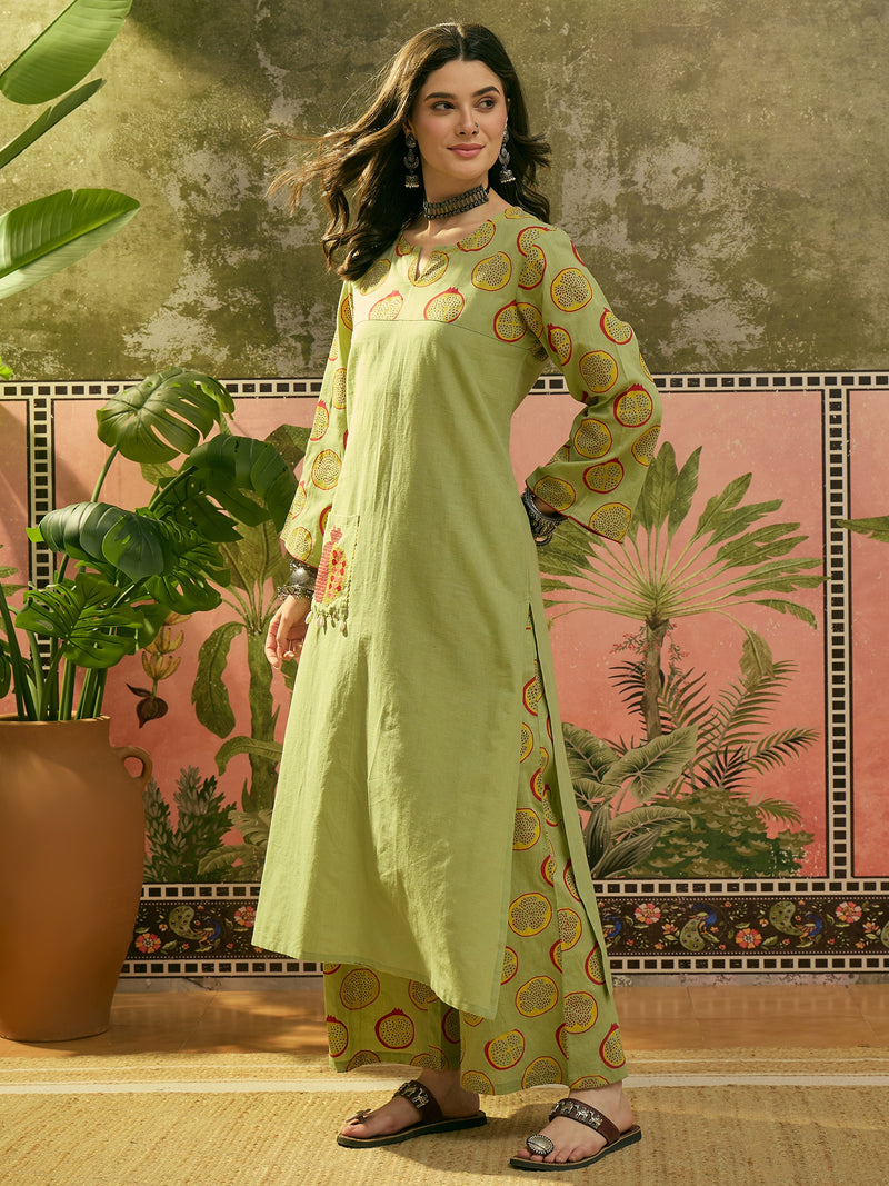 Stylum Women's Green Printed Cotton Straight Kurta Palazzo Set (KPGREENNAPPA)