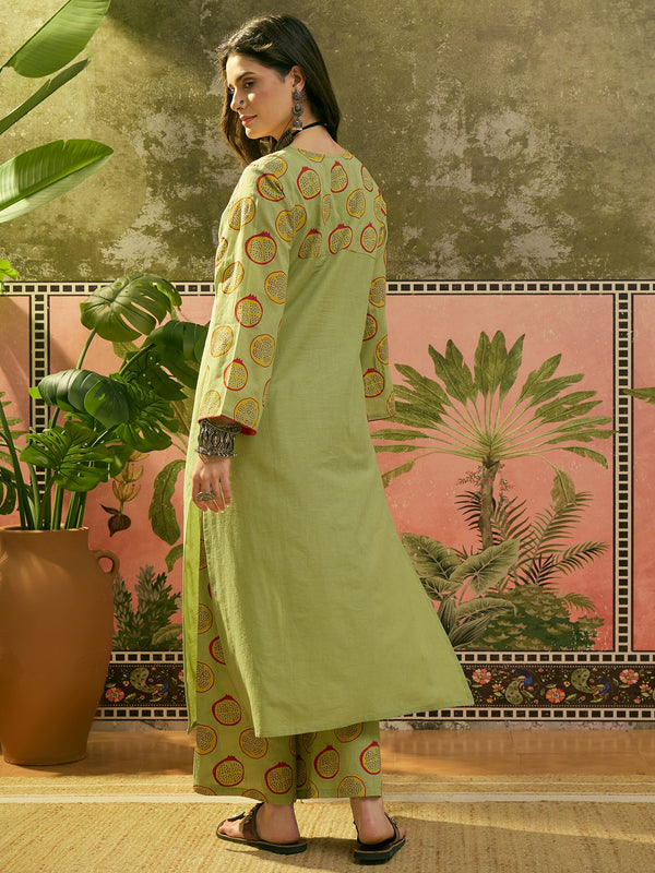 Stylum Women's Green Printed Cotton Straight Kurta Palazzo Set (KPGREENNAPPA)