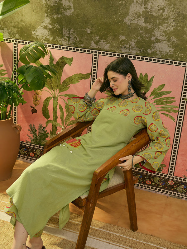 Stylum Women's Green Printed Cotton Straight Kurta Palazzo Set (KPGREENNAPPA)