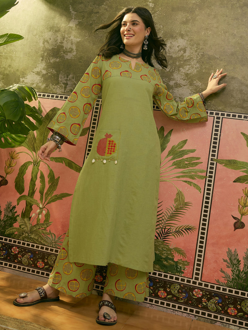 Stylum Women's Green Printed Cotton Straight Kurta Palazzo Set (KPGREENNAPPA)