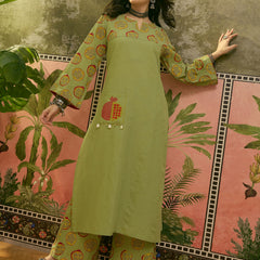 Stylum Women's Green Printed Cotton Straight Kurta Palazzo Set (KPGREENNAPPA)