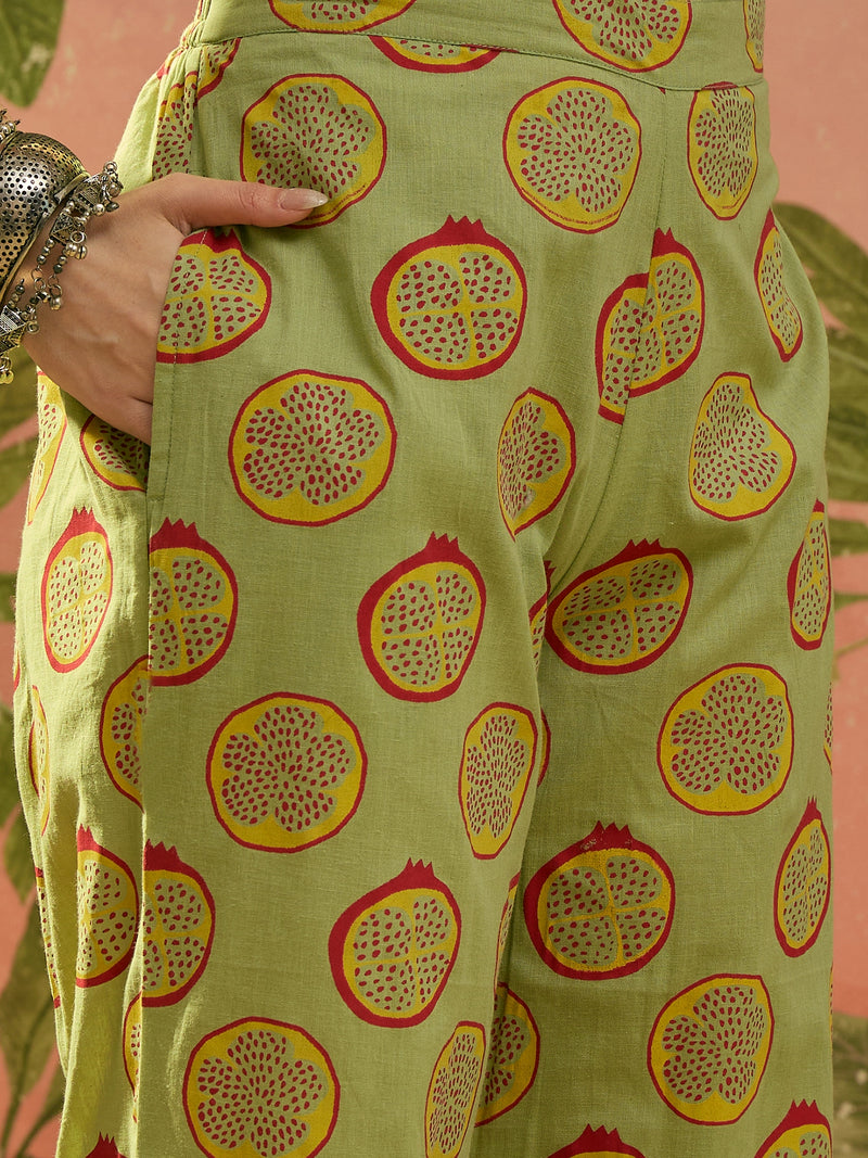 Stylum Women's Green Printed Cotton Straight Kurta Palazzo Set (KPGREENNAPPA)