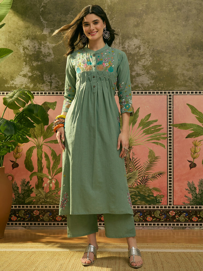 Stylum Women's Green Solid & Embroidered Cotton A-Line Kurta Pant Set (KPGREENPOP)