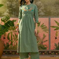Stylum Women's Green Solid & Embroidered Cotton A-Line Kurta Pant Set (KPGREENPOP)