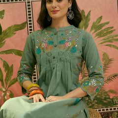 Stylum Women's Green Solid & Embroidered Cotton A-Line Kurta Pant Set (KPGREENPOP)