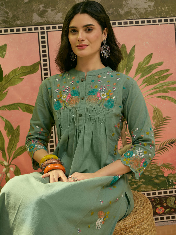 Stylum Women's Green Solid & Embroidered Cotton A-Line Kurta Pant Set (KPGREENPOP)