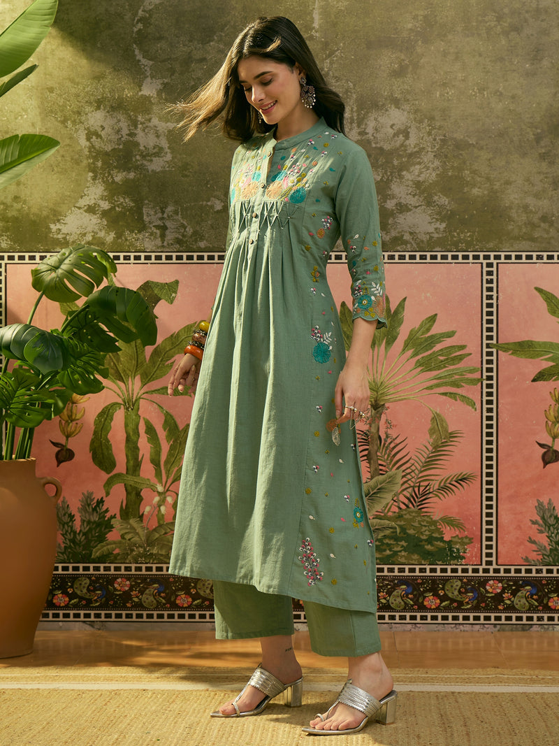 Stylum Women's Green Solid & Embroidered Cotton A-Line Kurta Pant Set (KPGREENPOP)