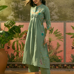 Stylum Women's Green Solid & Embroidered Cotton A-Line Kurta Pant Set (KPGREENPOP)