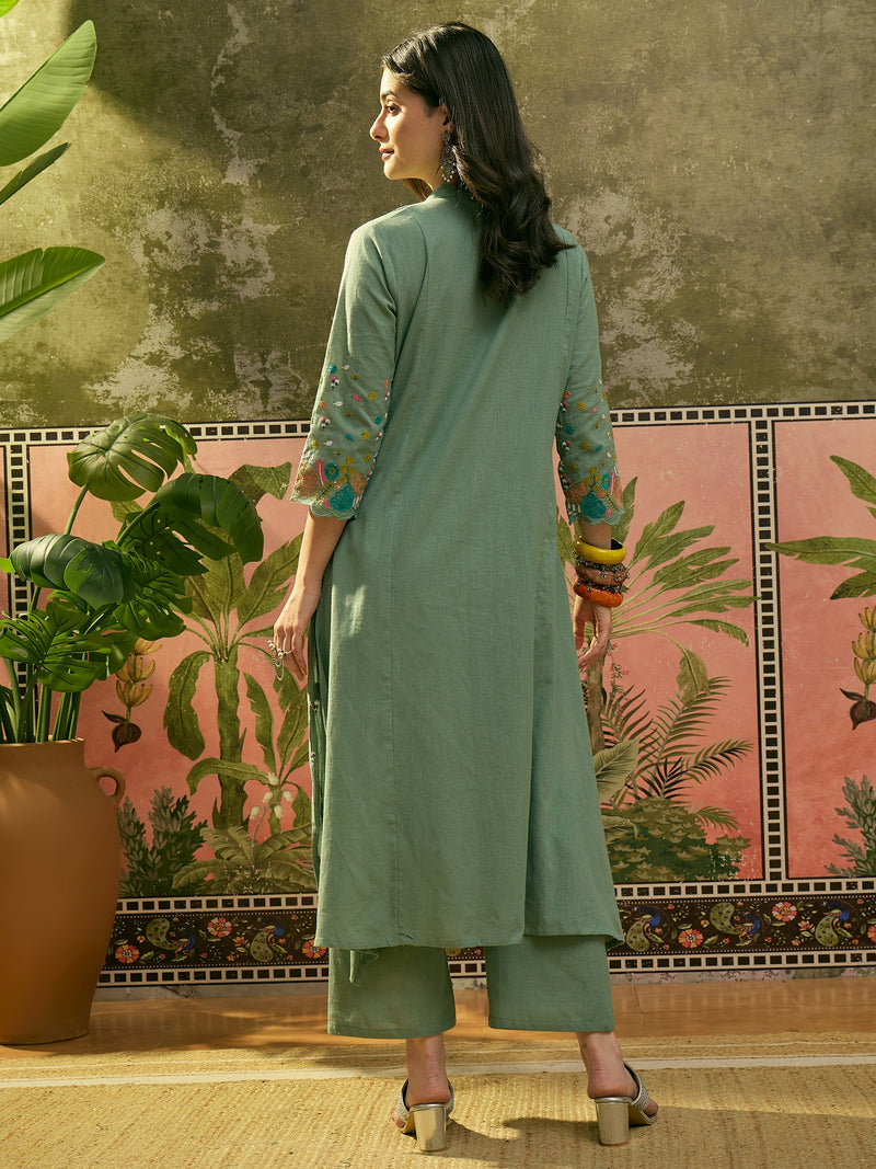 Stylum Women's Green Solid & Embroidered Cotton A-Line Kurta Pant Set (KPGREENPOP)